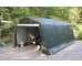 green portable garage containing a motorcycle